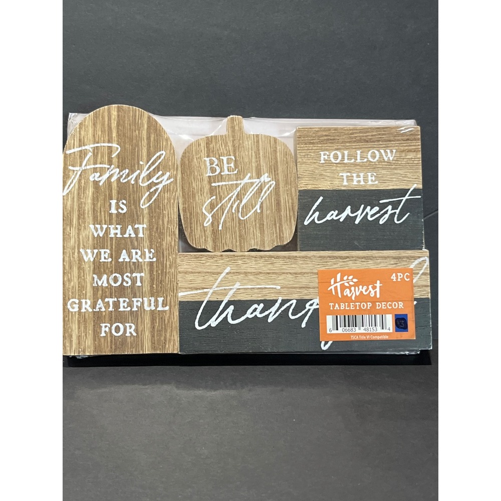 Harvest Tabletop Decor 4 Piece Wood Block Set Fall Autumn Grateful Thankful
